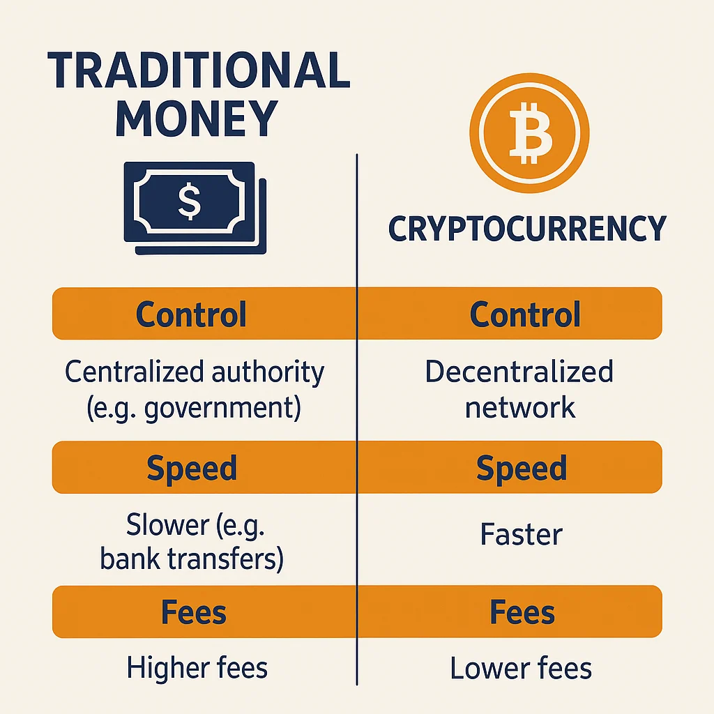 Infographic comparing traditional money and cryptocurrency based on control, speed, and fees