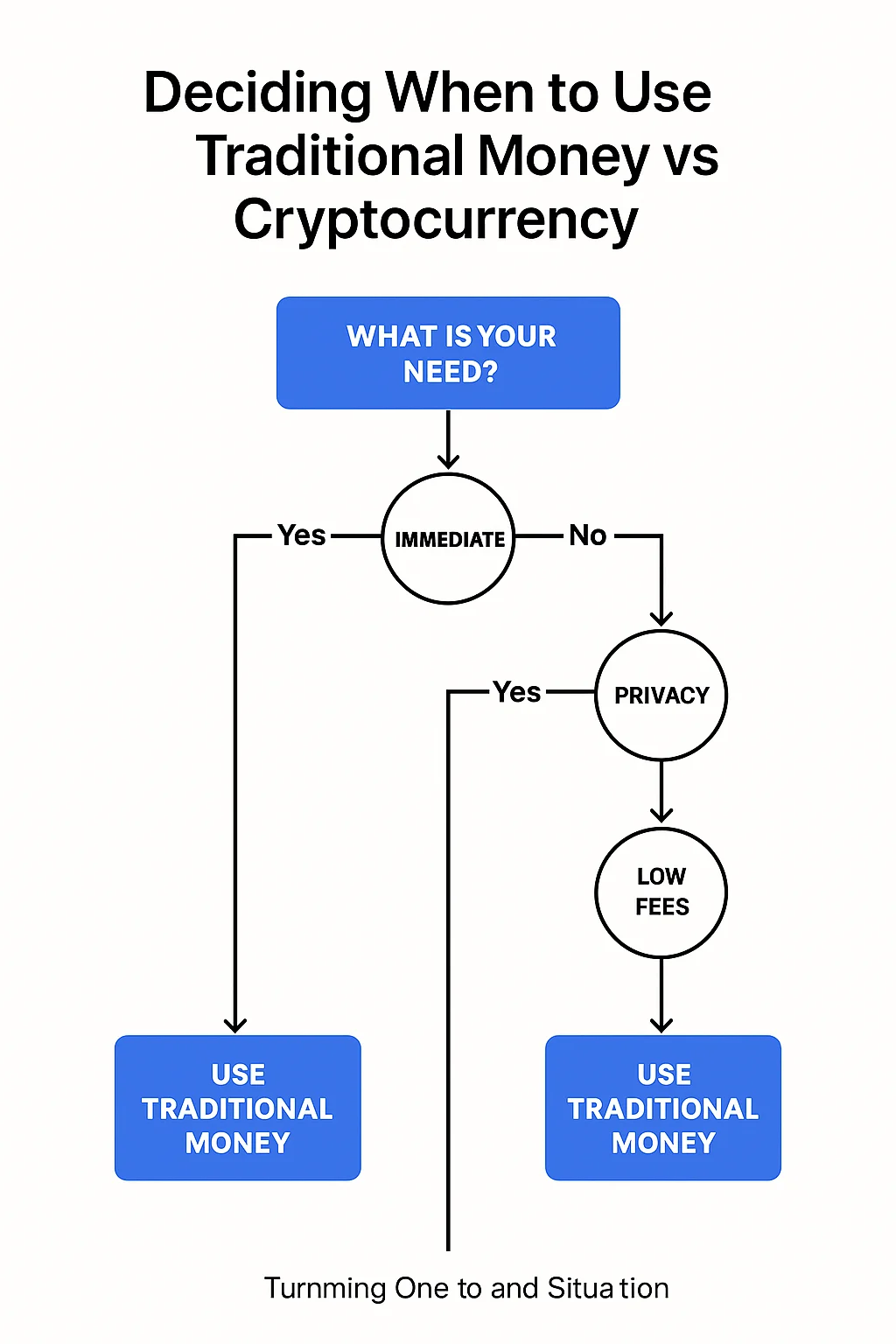Flowchart helping users decide when to use traditional money or cryptocurrency based on different financial scenarios