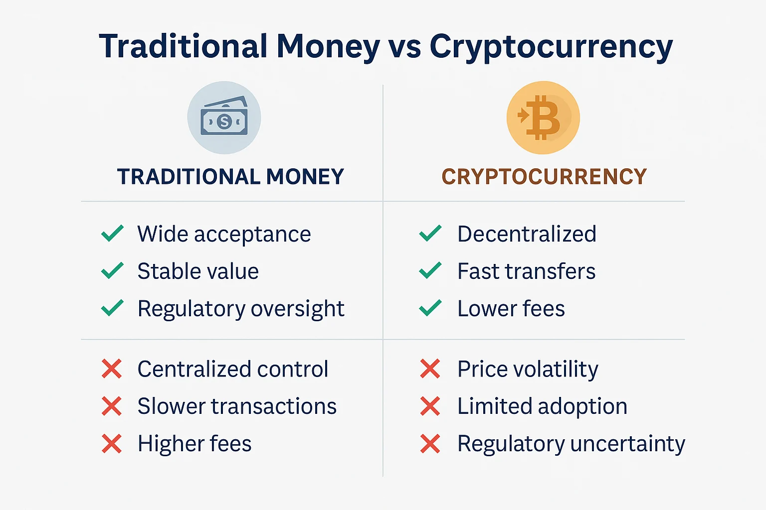 Side-by-side chart showing pros and cons of traditional money and cryptocurrency