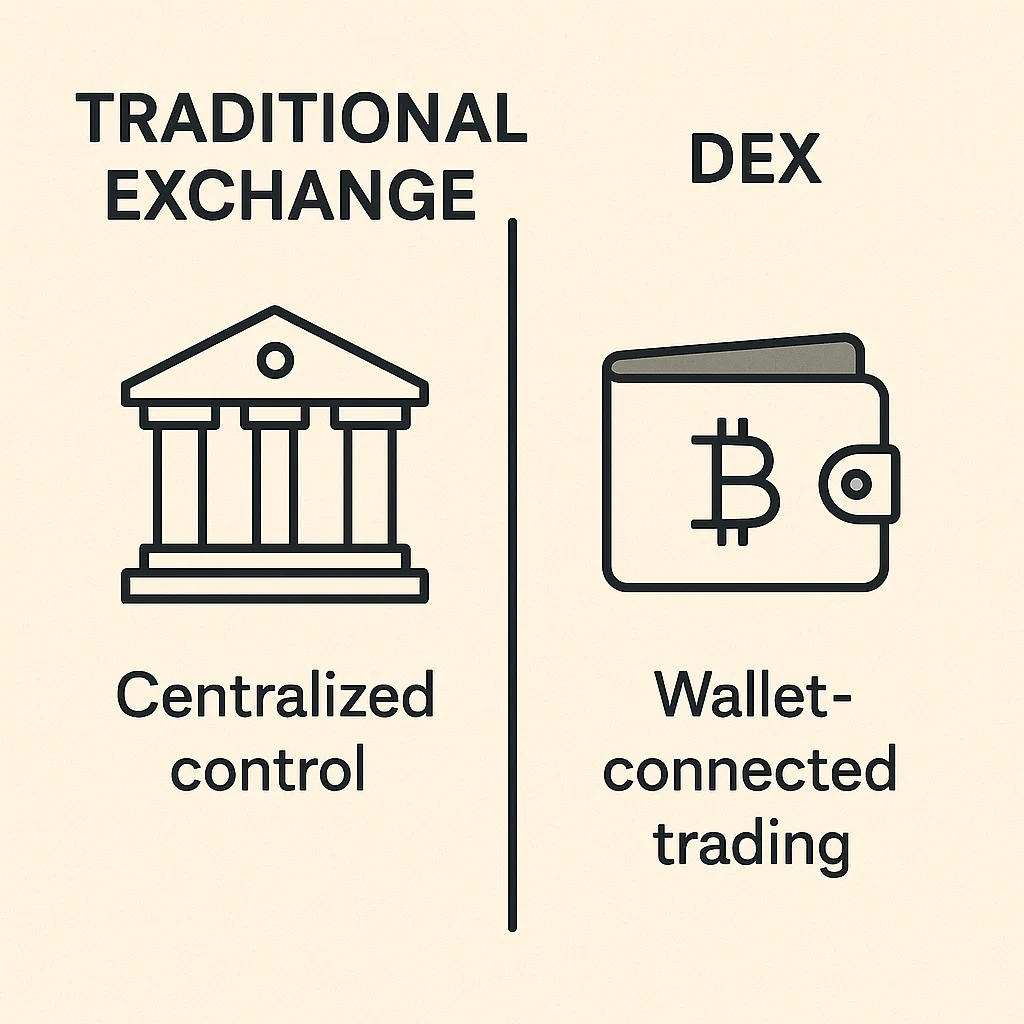 Side-by-side comparison of a traditional crypto exchange and a DEX, showing centralized control vs wallet-connected trading