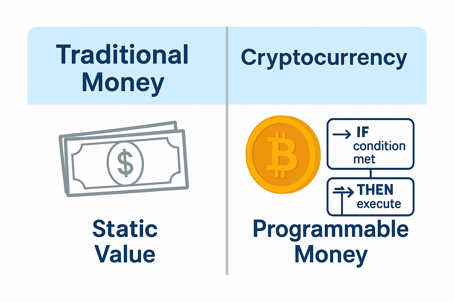 Split-screen infographic comparing traditional money as static value with cryptocurrency as programmable money using if/then logic