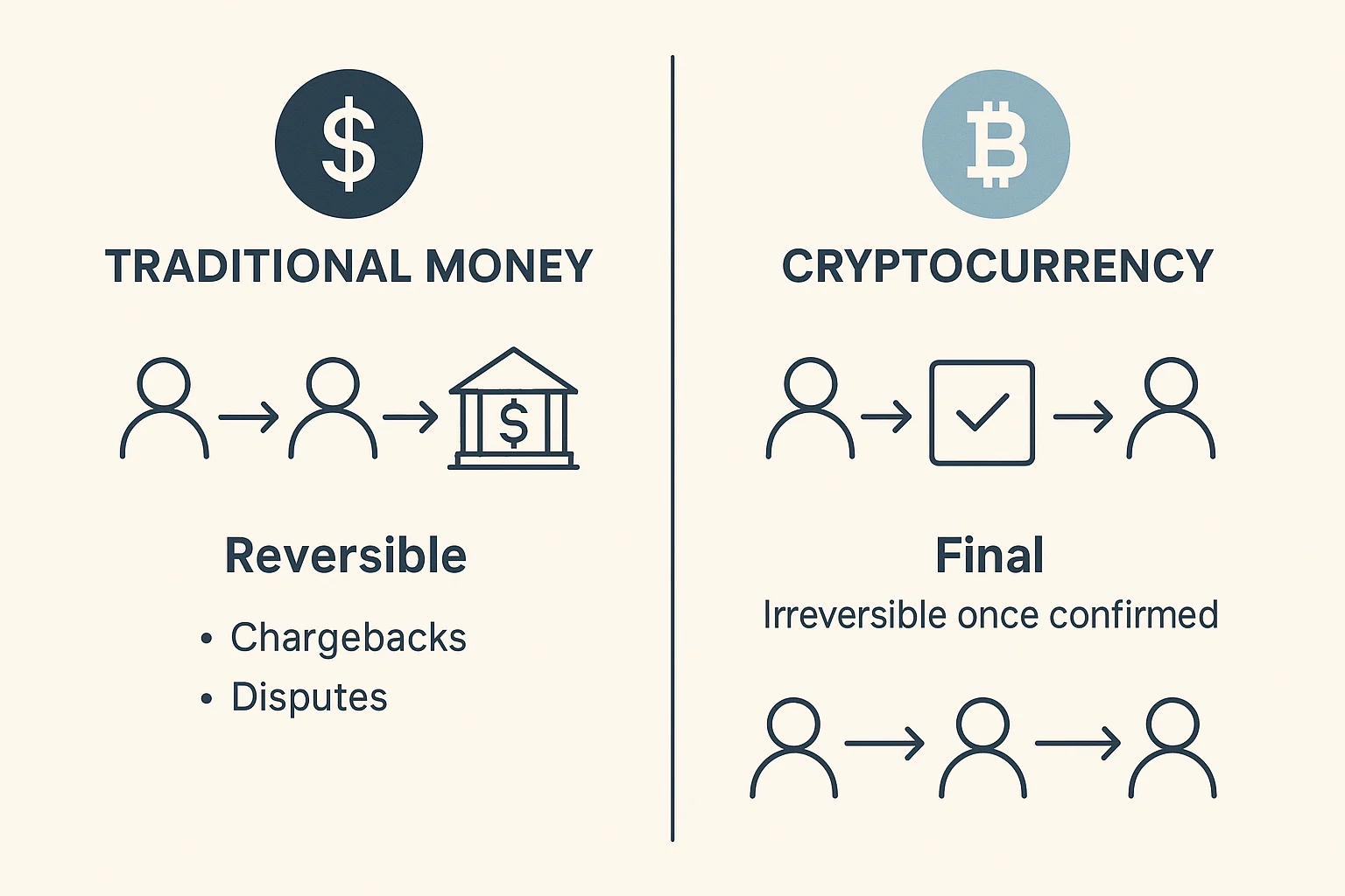 Diagram comparing reversible traditional money transactions with final cryptocurrency transactions