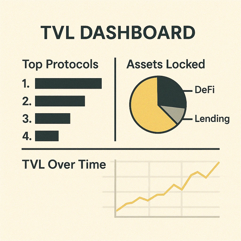 Infographic dashboard showing TVL rankings by protocol, asset categories (DeFi, Lending), and a historical growth line chart