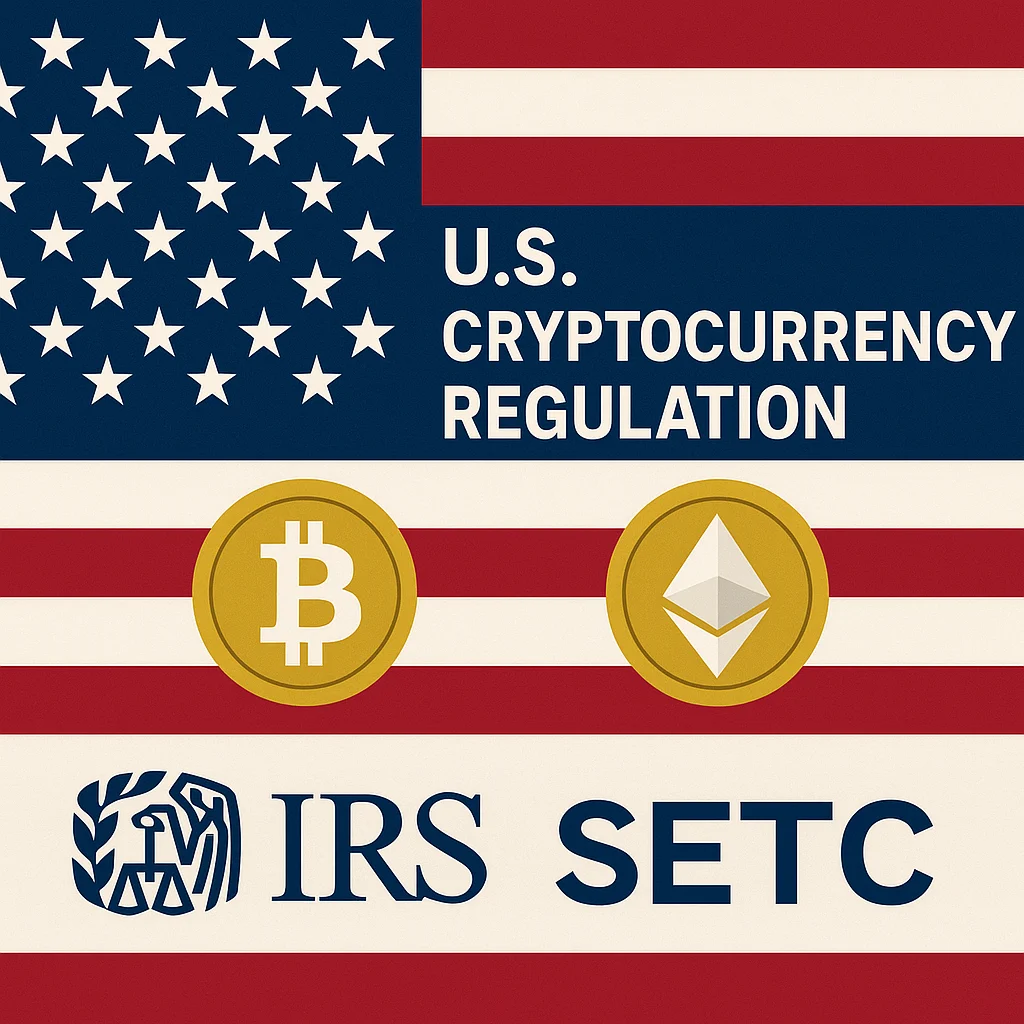 American flag background featuring cryptocurrency symbols and logos of IRS, SEC, and CFTC