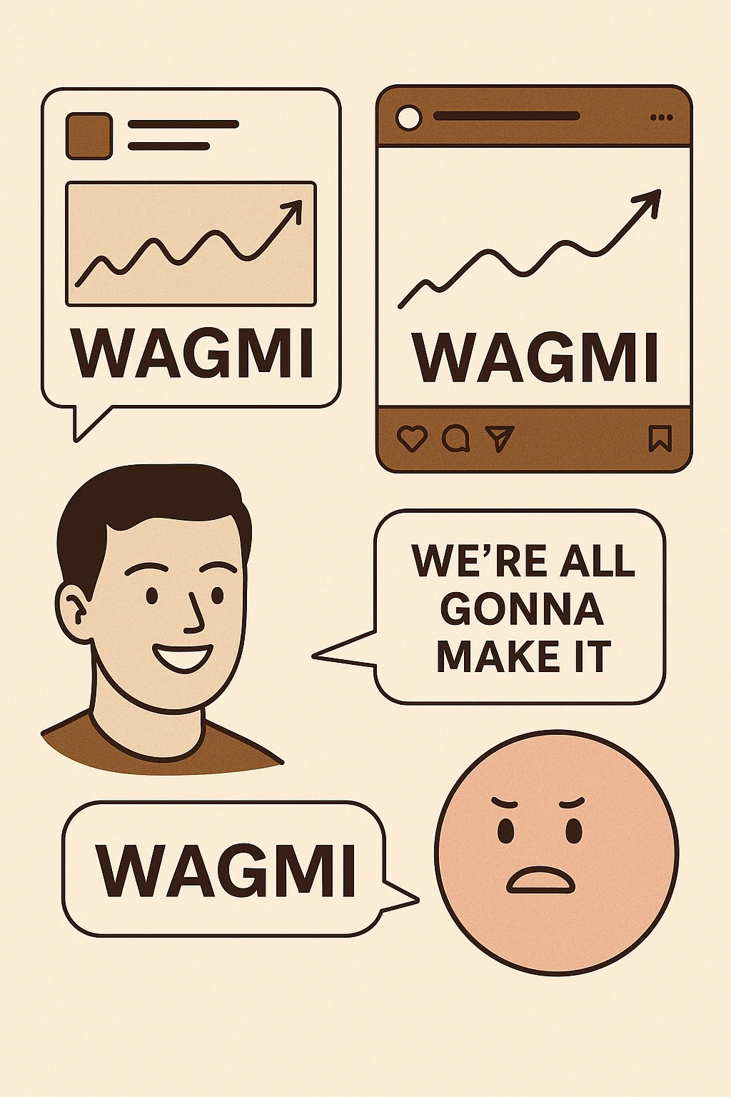 Illustration of social media posts and memes using the term WAGMI with rising charts, speech bubbles, and character expressions during market ups and downs