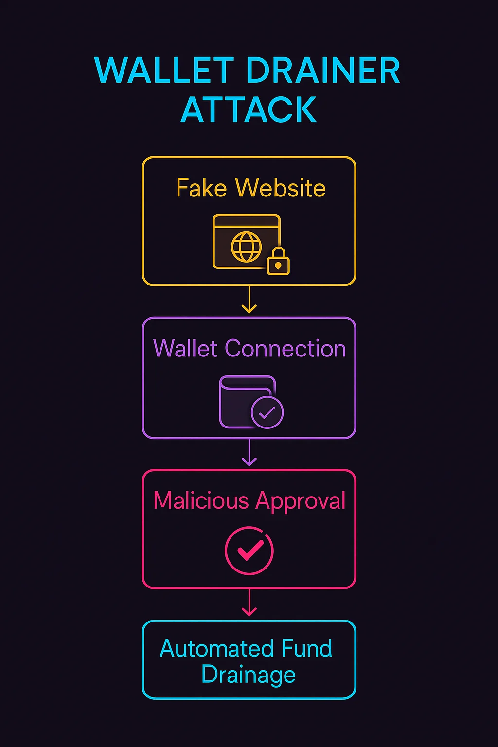 Infographic showing wallet drainer attack sequence: fake website, wallet connection, malicious approval, and automated fund drainage