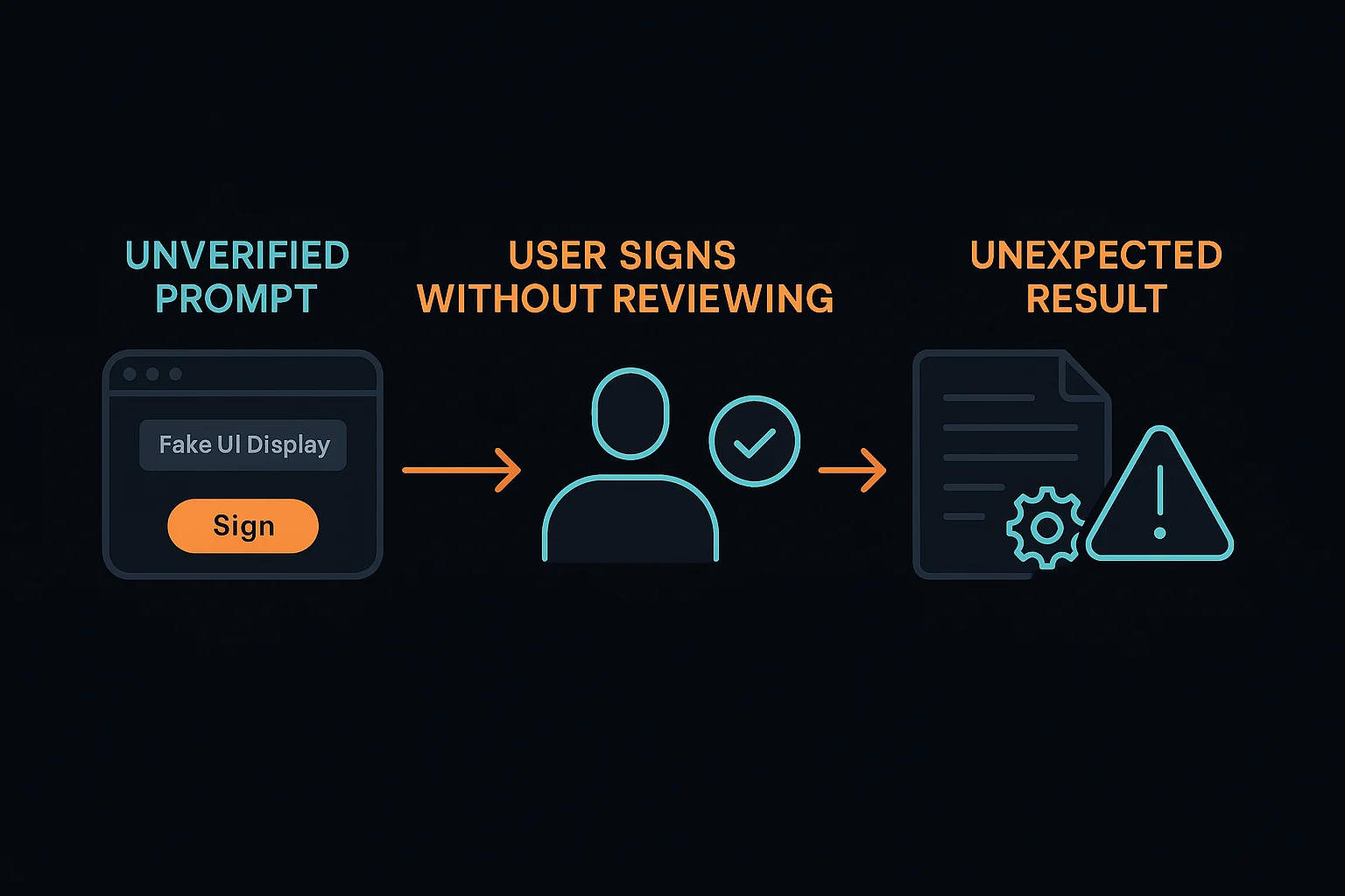 Infographic showing how an unverified prompt can lead to a user signing an unintended transaction