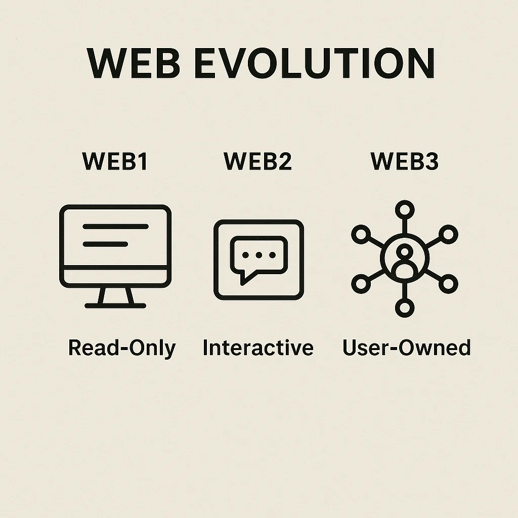 Infographic comparing Web1, Web2, and Web3 with icons and descriptions: read-only, interactive, and user-owned