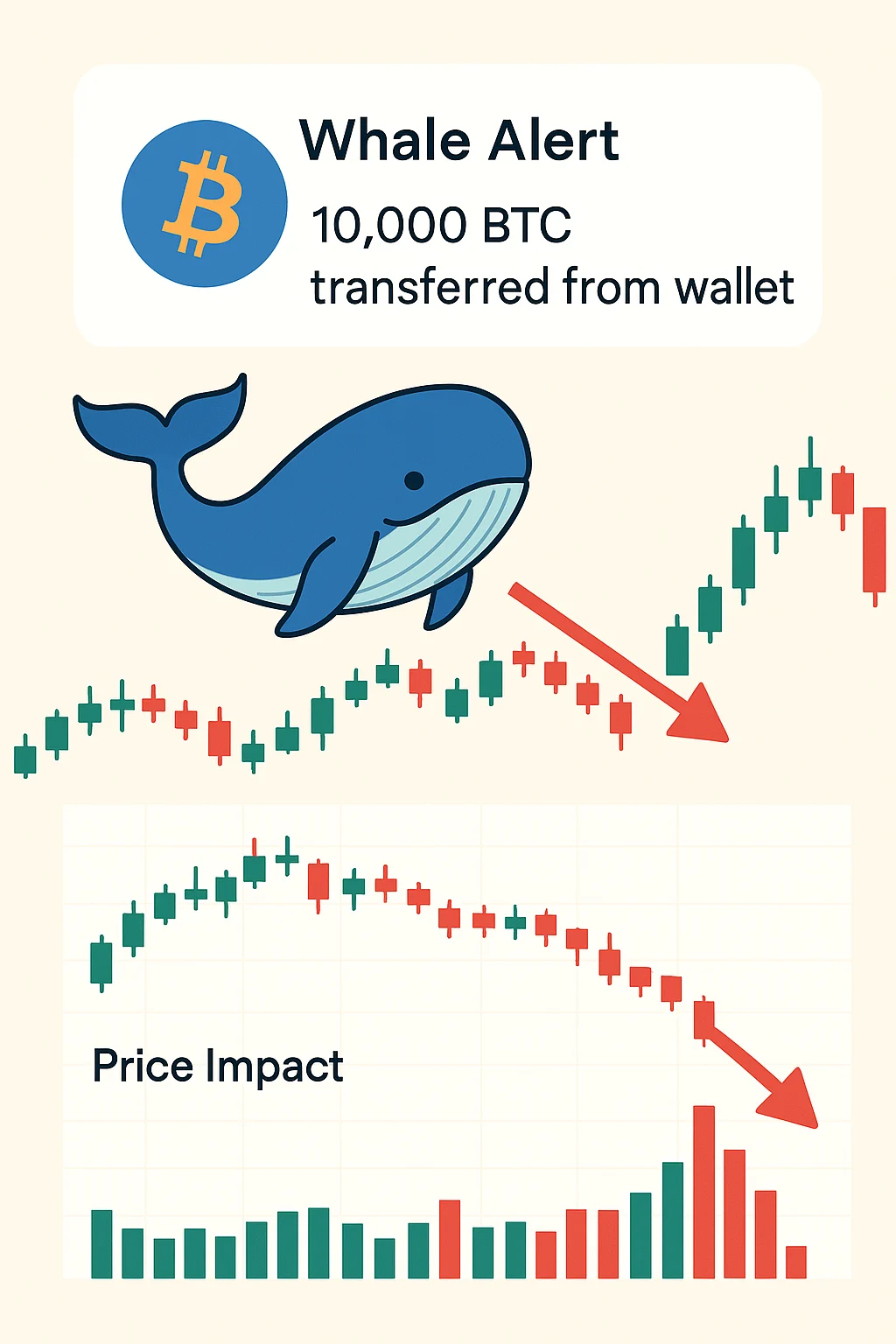Bitcoin whale alert showing 10,000 BTC transferred from wallet with price chart impact