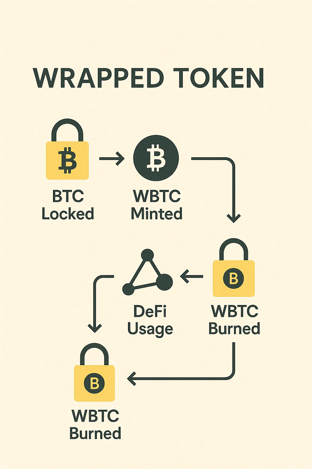 Infographic showing the wrapped token process: BTC locked, WBTC minted, used in DeFi, burned, and BTC returned