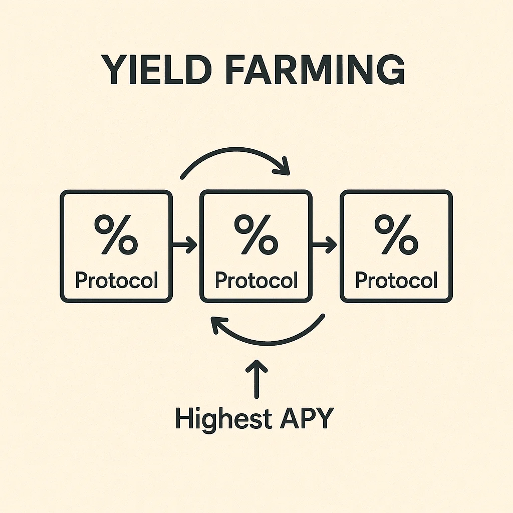 Flowchart showing a yield farming strategy with capital moving between protocols seeking the highest APY