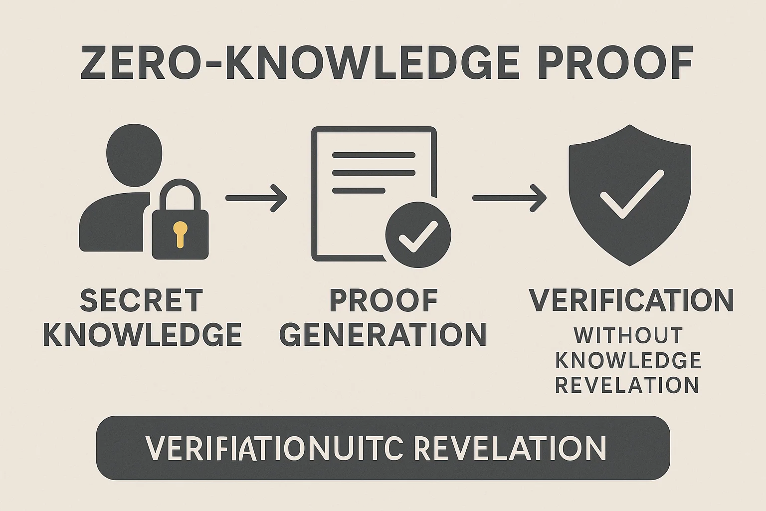 Infographic showing the zero-knowledge proof process: secret knowledge, proof generation, and verification without revealing the underlying data