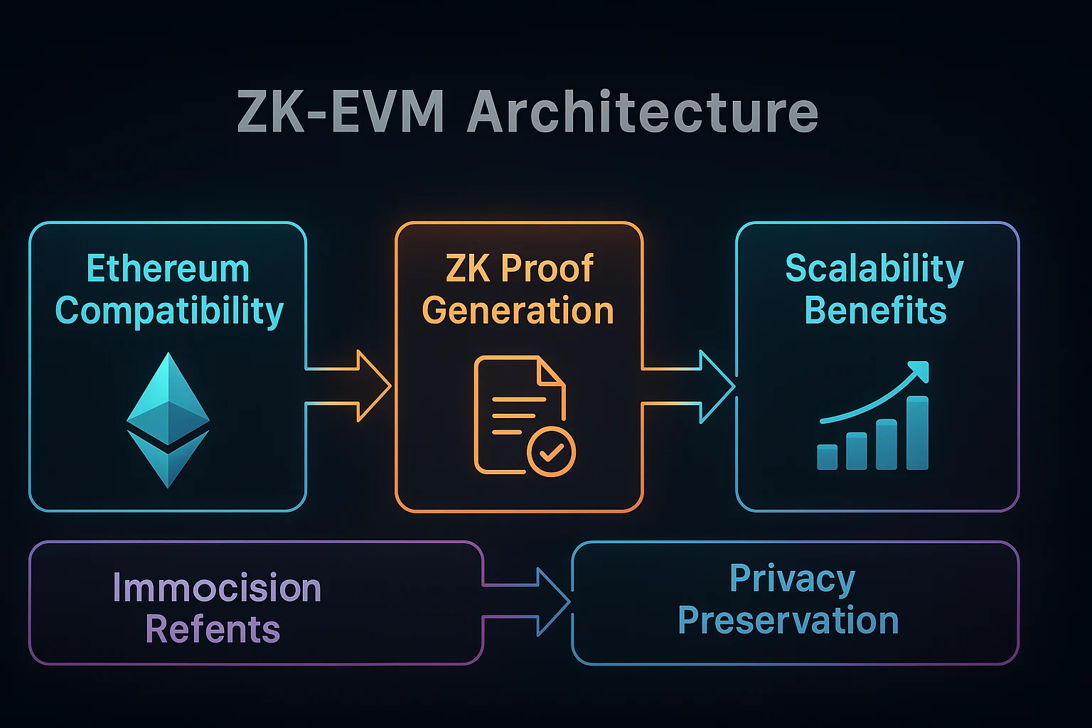 ZK-EVM architecture showing Ethereum compatibility, ZK proof generation, scalability benefits, and privacy preservation